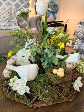 White Ceramic Bird and Nest Faux Floral Centerpiece with Greenery
